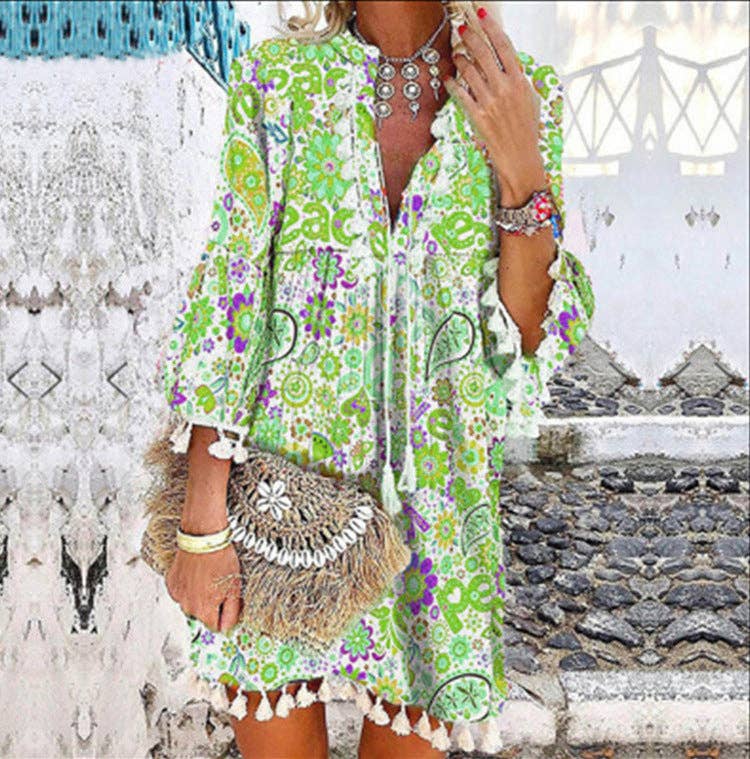 Priya Women Print V Neck Tassel 3/4 Sleeve Shift Dress Bohemian Casual Knee Length Dress: Red / M