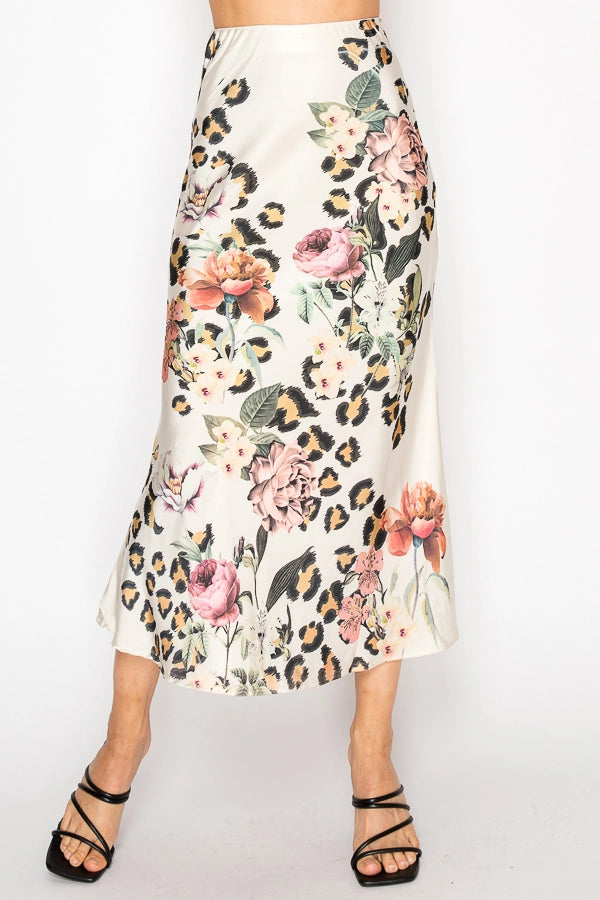Bianca Silky Satin Midi Skirt Leopard Floral
