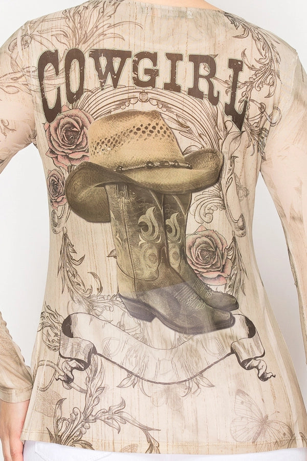 Sadie Long Sleeve Mesh Top with Sparkles Cowgirl