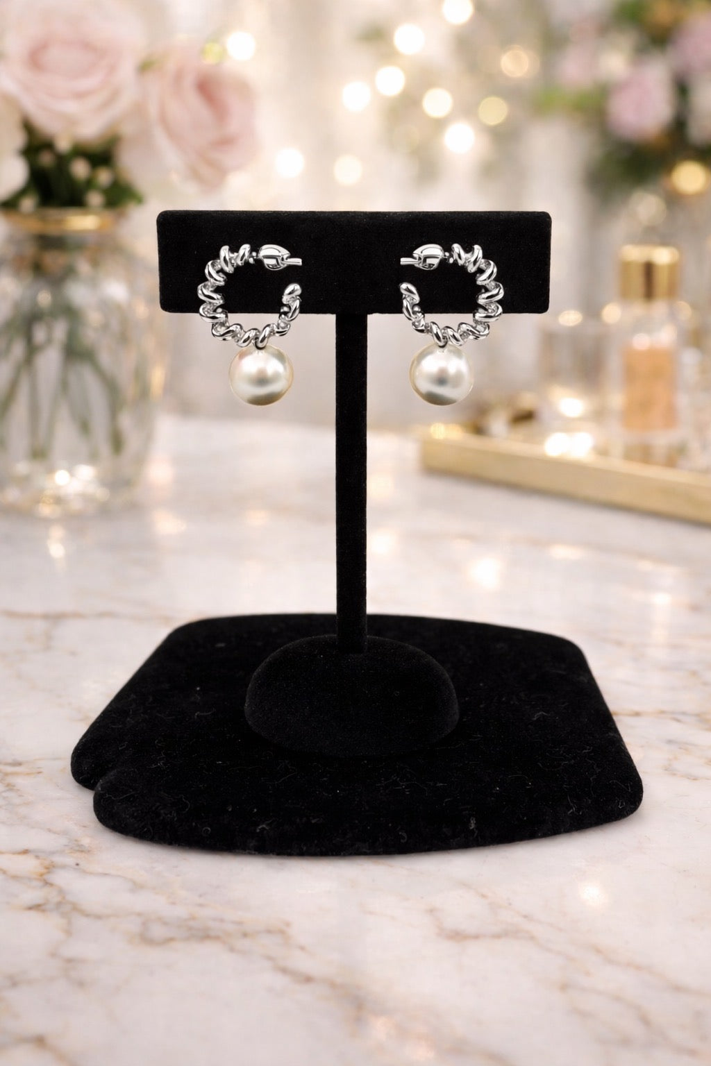 Small Pearl Silver Hoop Earrings