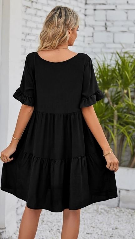 Summer Casual V-Neck Babydoll Three-Layer Pleated Dress Black