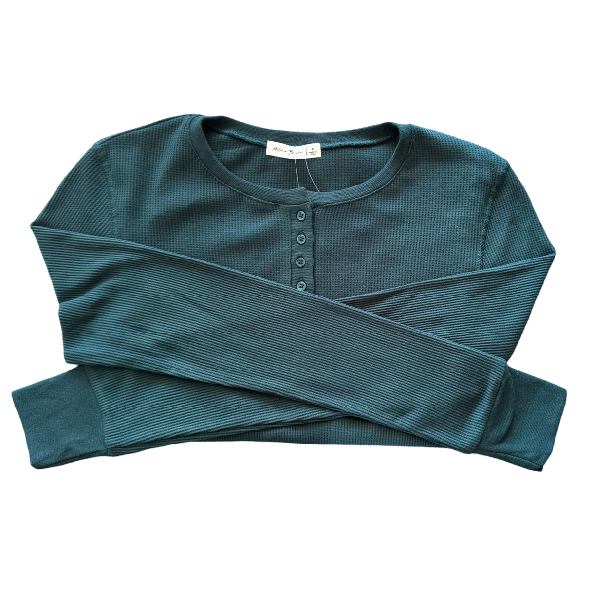 Waffle Knit Henley Long-sleeved Top Green
