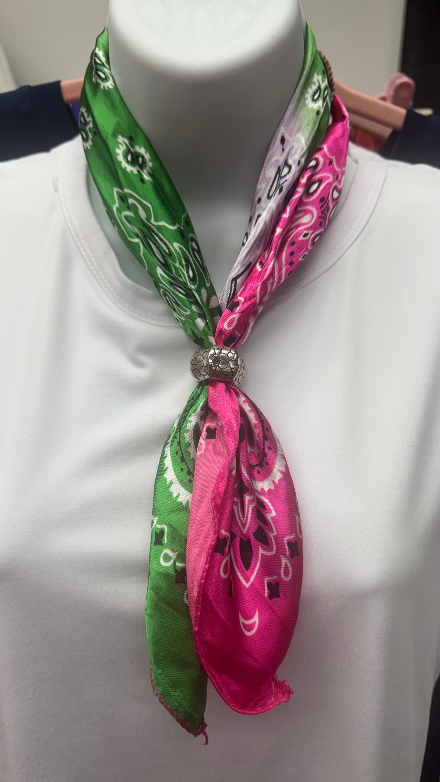 Pink and Green Twilly Scarf with Pendant