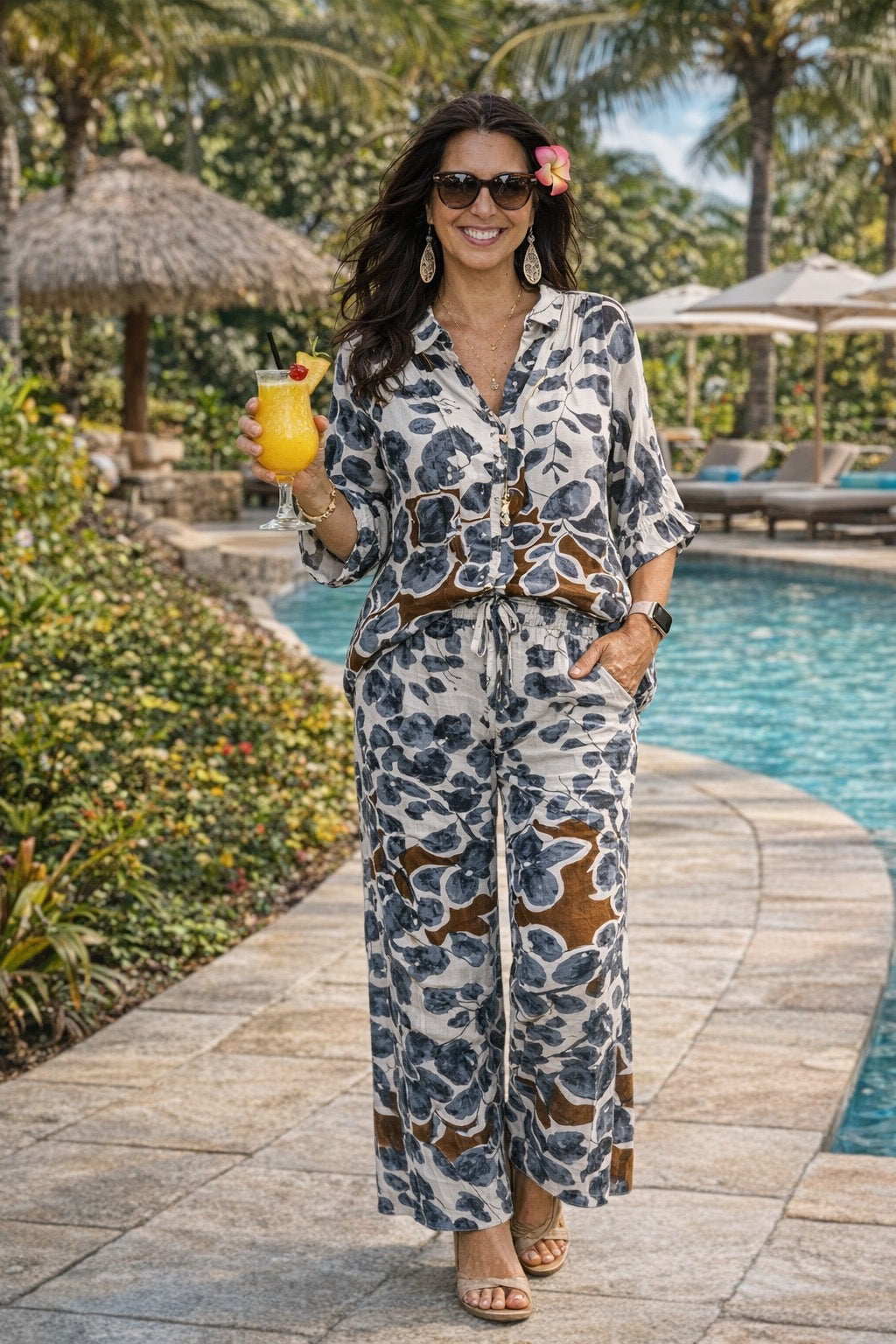 Emberly Charcoal Leaf Print Wide Leg Pants