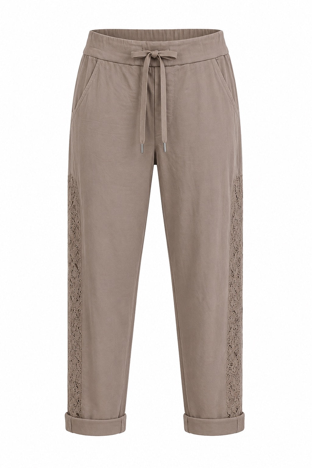 Janna Taupe Lace-Trim Stretch Pants