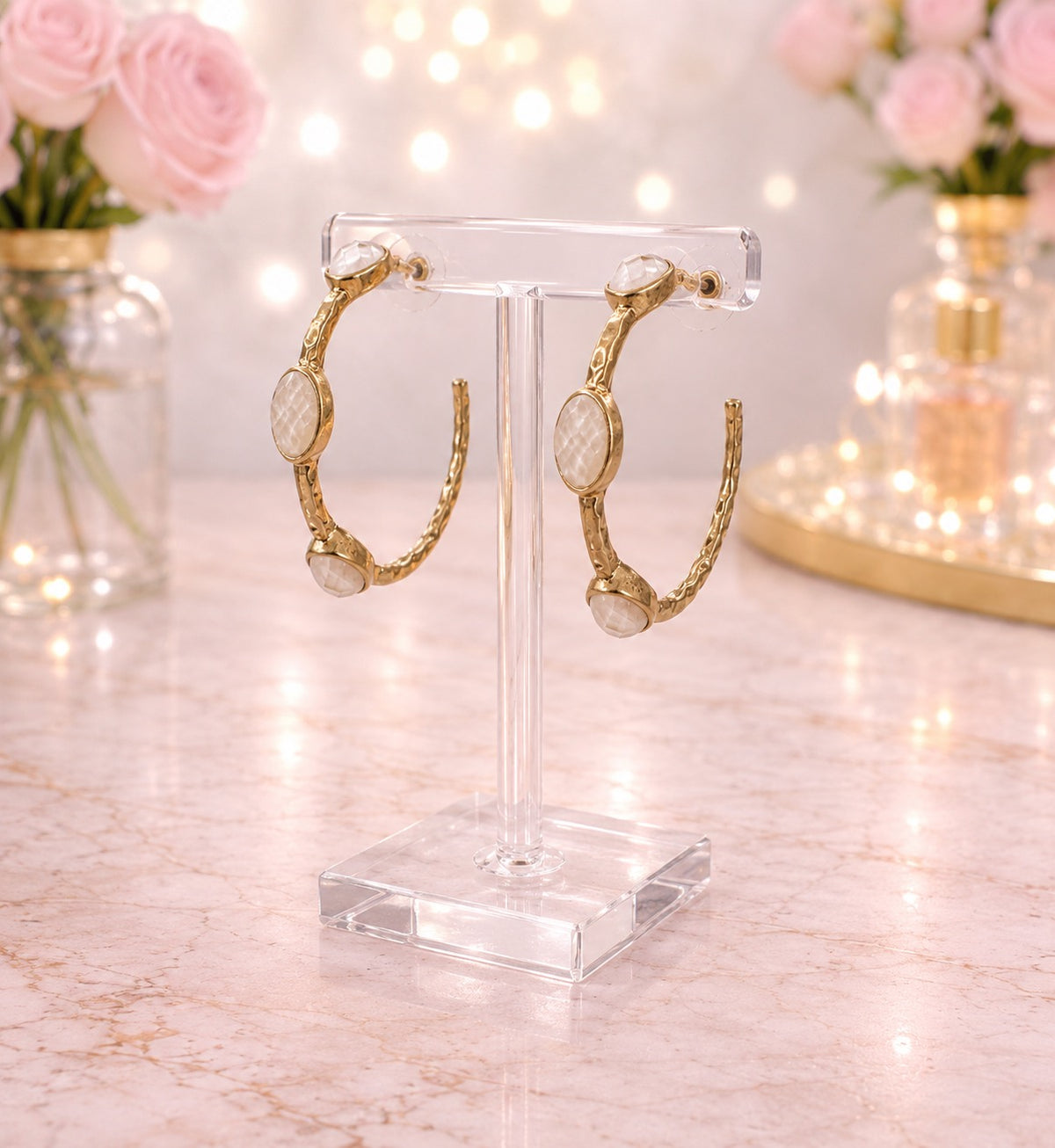 Hammered Gold & Stone Hoop Earrings