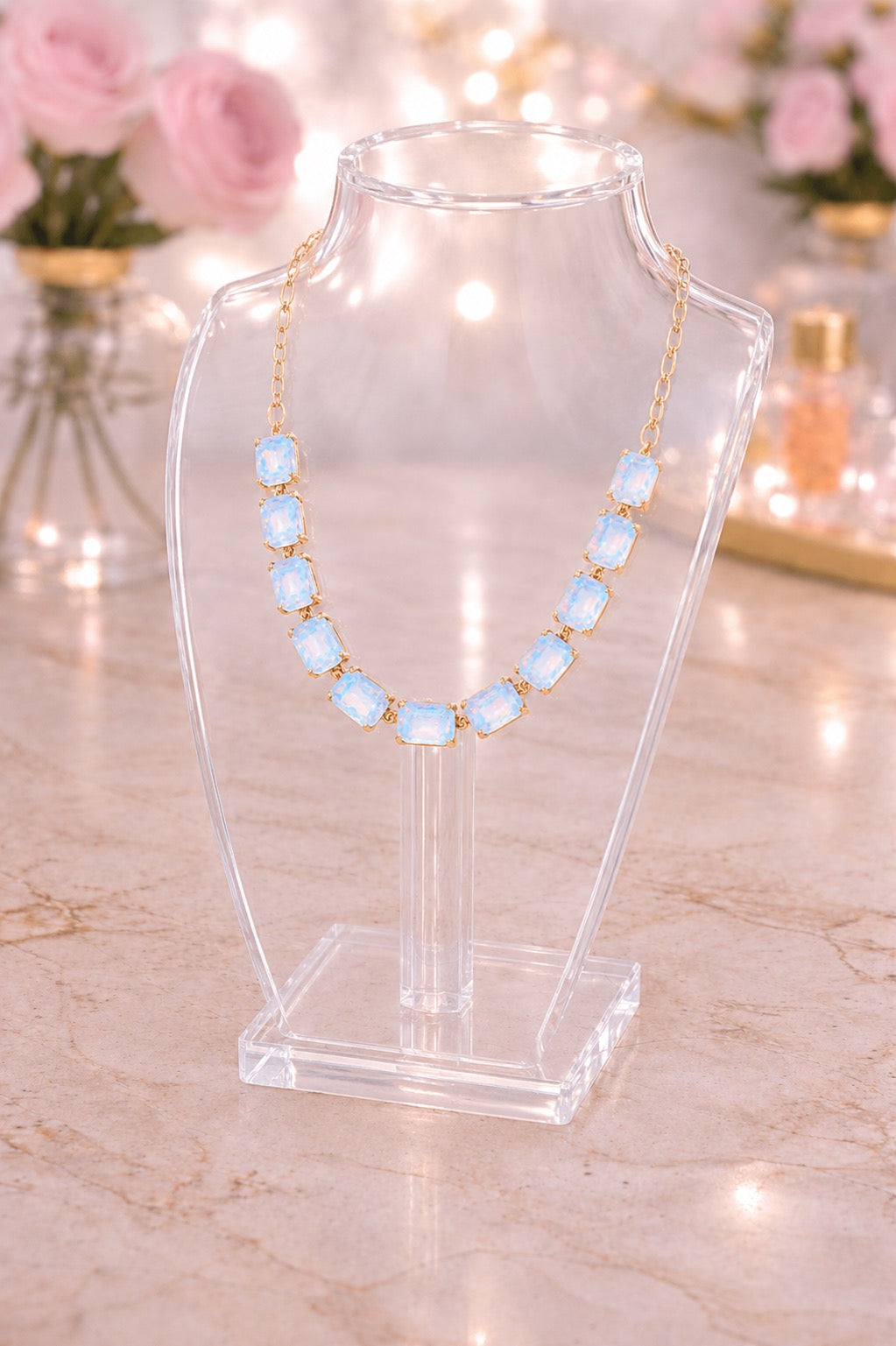 Cushion Rectangle Stone Necklace, Blue Opal
