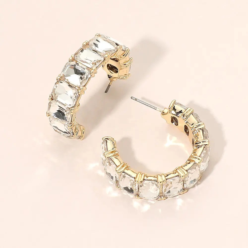 Faceted Rectangular Gem Curved Hoop Earrings