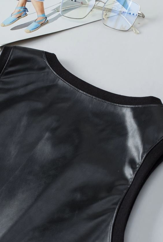 Helen Faux Leather Crew Neck Tank Top Black