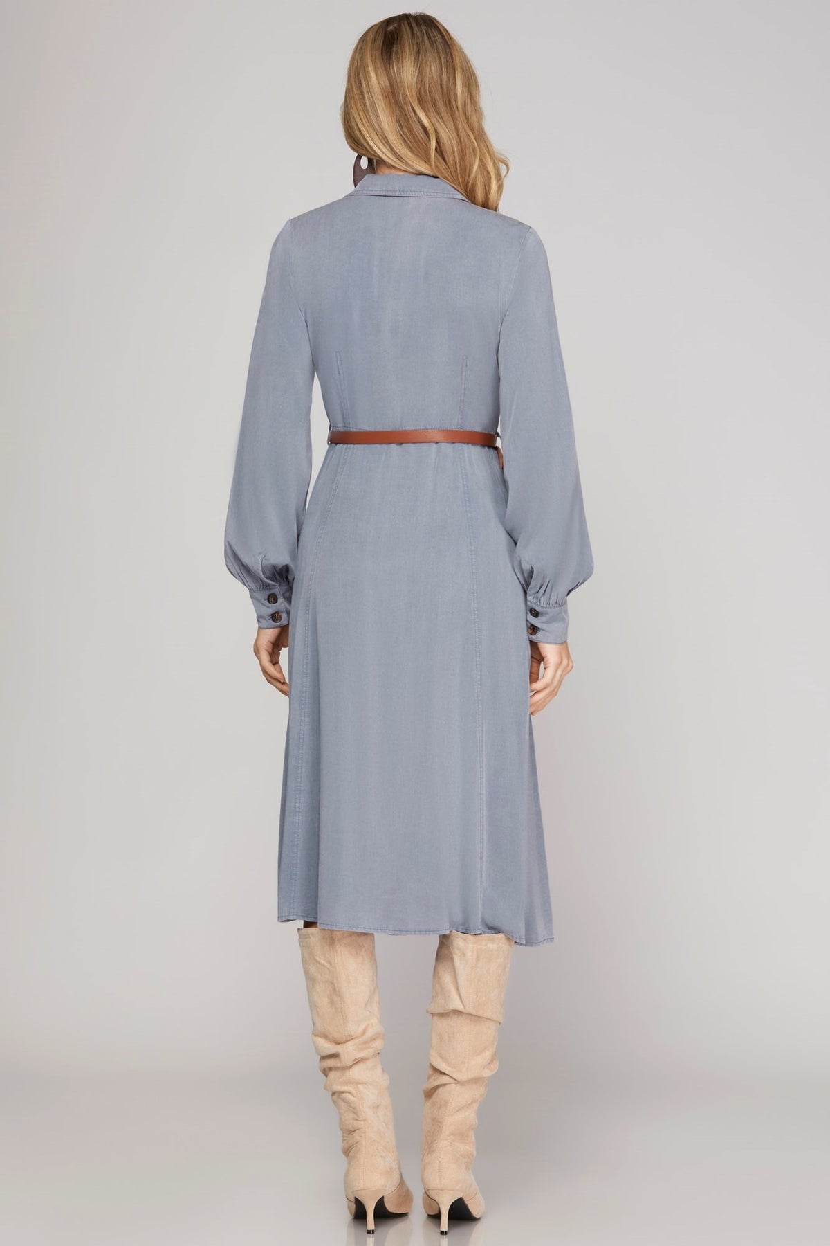 Grace Long Sleeve Button Down Dress Dusty Blue