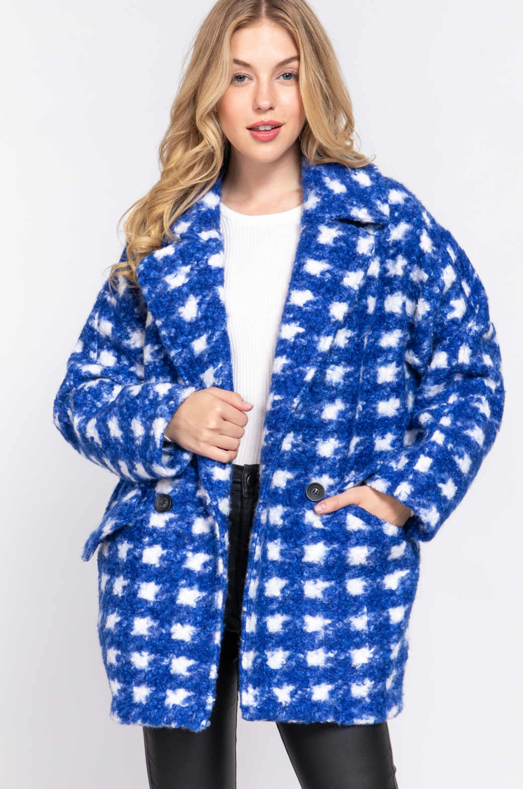 Sadie Check Print Boucle Fleece Coat Royal