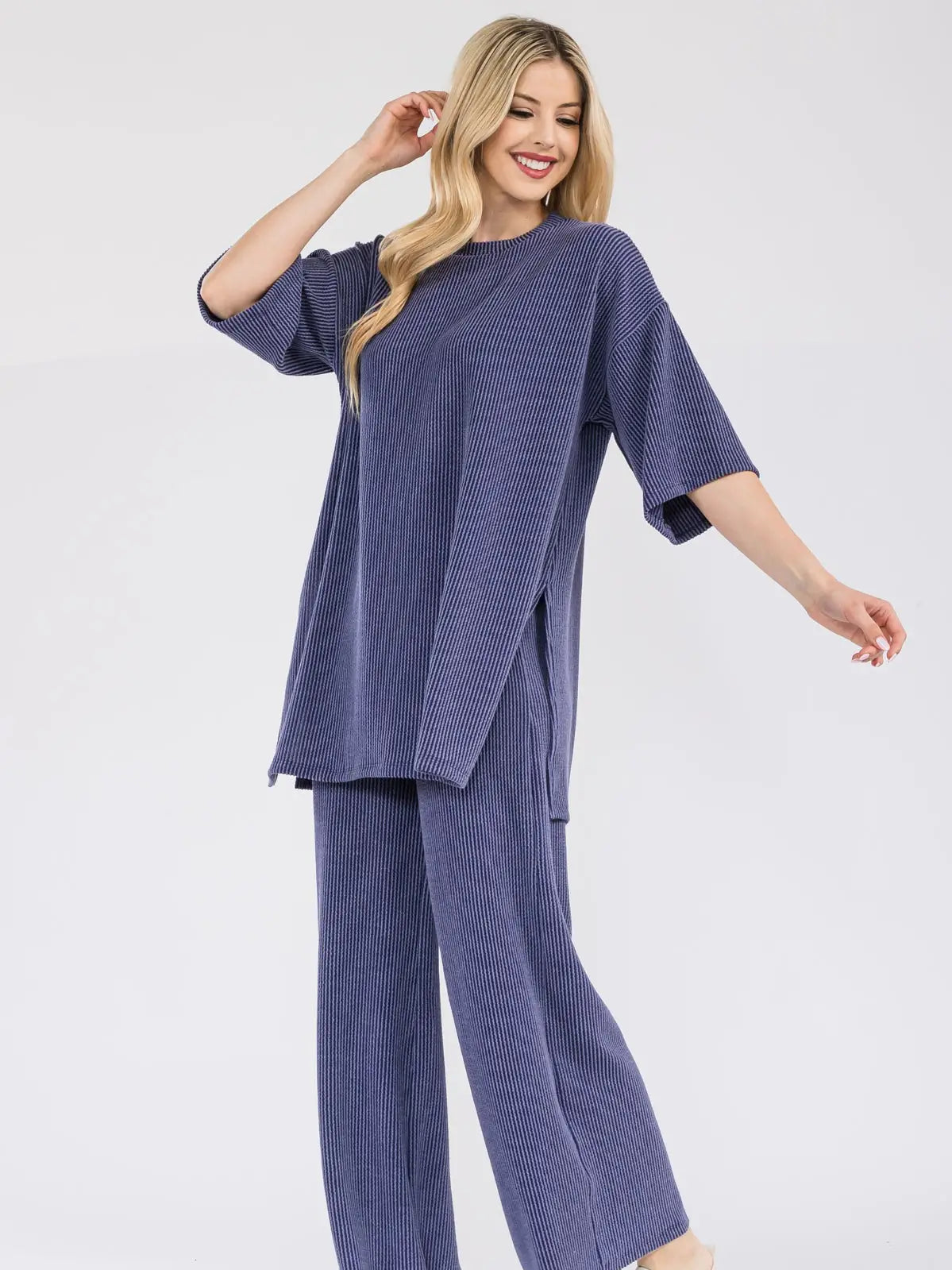 Maria Ribbed Oversized Crop Length Pants Set Grey