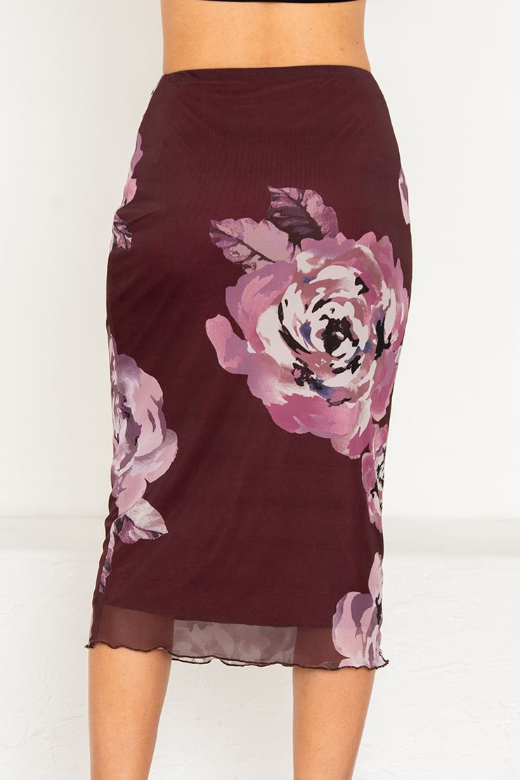 Maeve Floral Mesh Midi Skirt Plum/Mauve