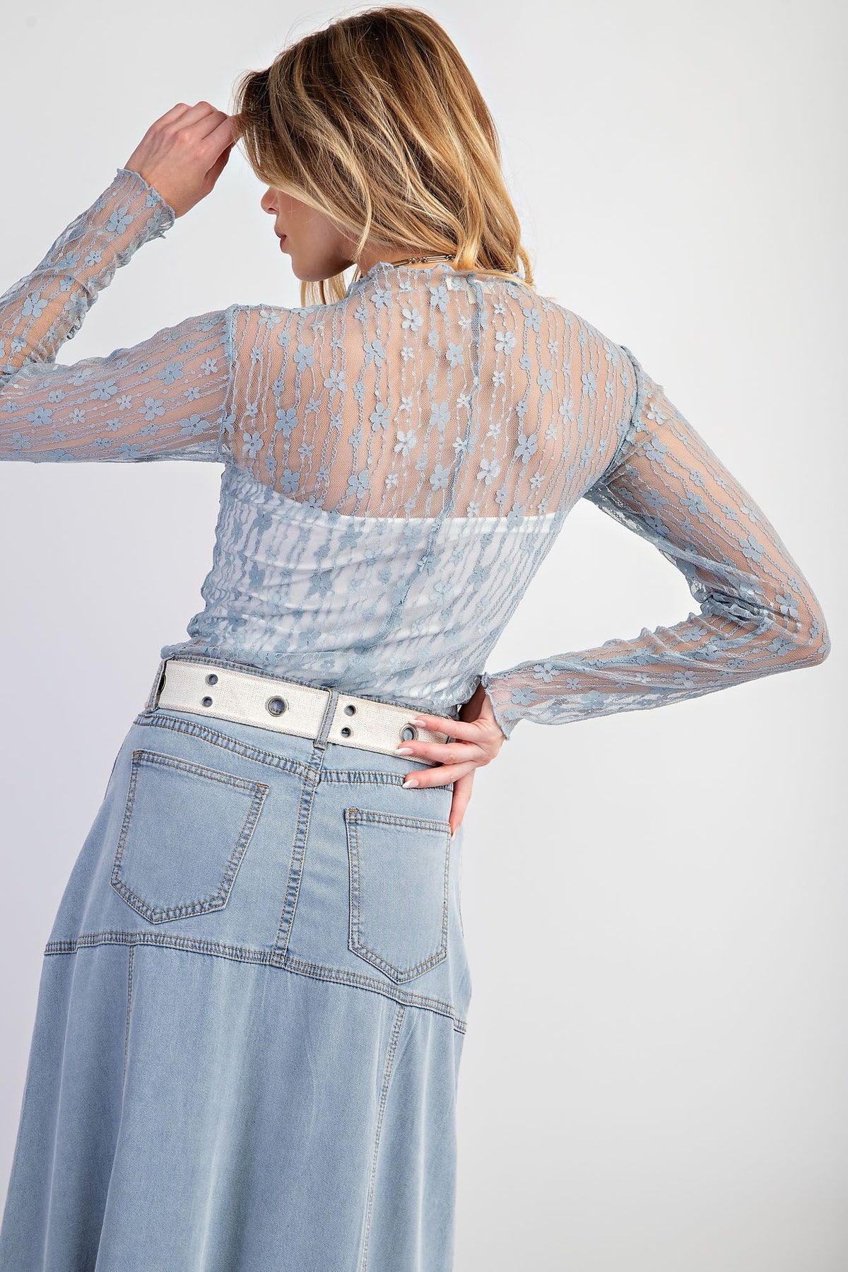 Cora See Through Lace Top Dusty Blue