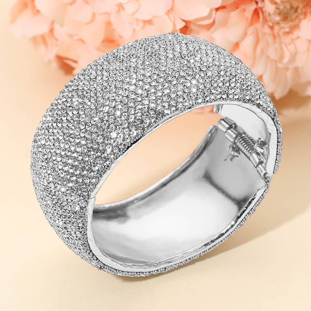 Wide Paved Hinged Evening Bangle Bracelet: Cream,Gold