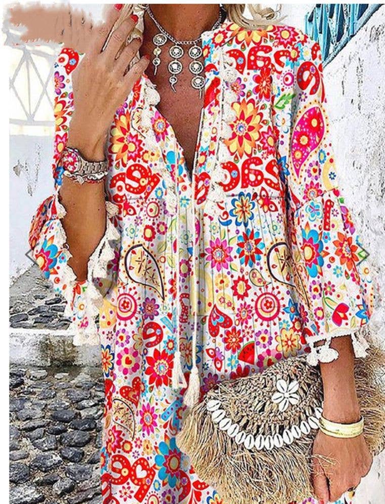 Priya Women Print V Neck Tassel 3/4 Sleeve Shift Dress Bohemian Casual Knee Length Dress: Red / M