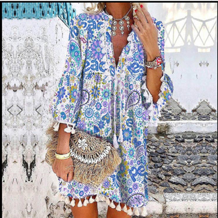 Priya Women Print V Neck Tassel 3/4 Sleeve Shift Dress Bohemian Casual Knee Length Dress: Red / L