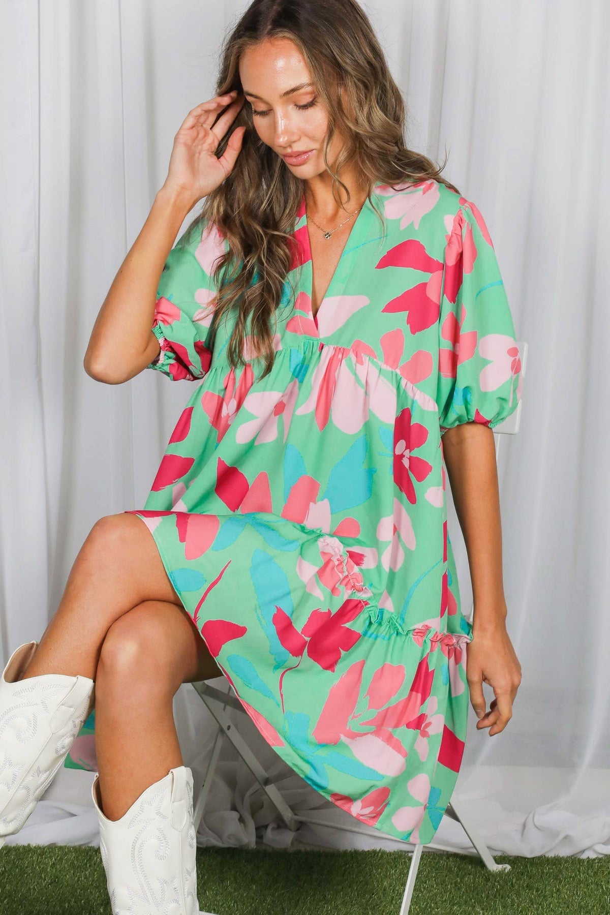 Clover Floral Print V-Neck Tired Baby Doll Mini Dress VD82057M: Mint