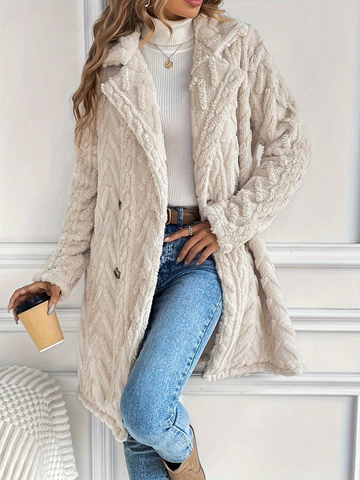 Double-sided Plush Slip Pockets Casual Long Coat: Beige / XL