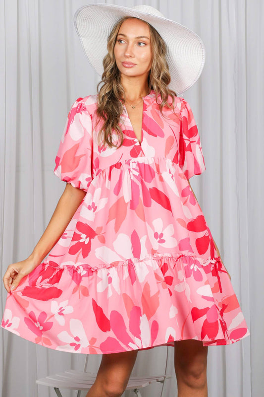 Lumi Floral Print V-Neck Tired Baby Doll Mini Dress VD82057M: Pink