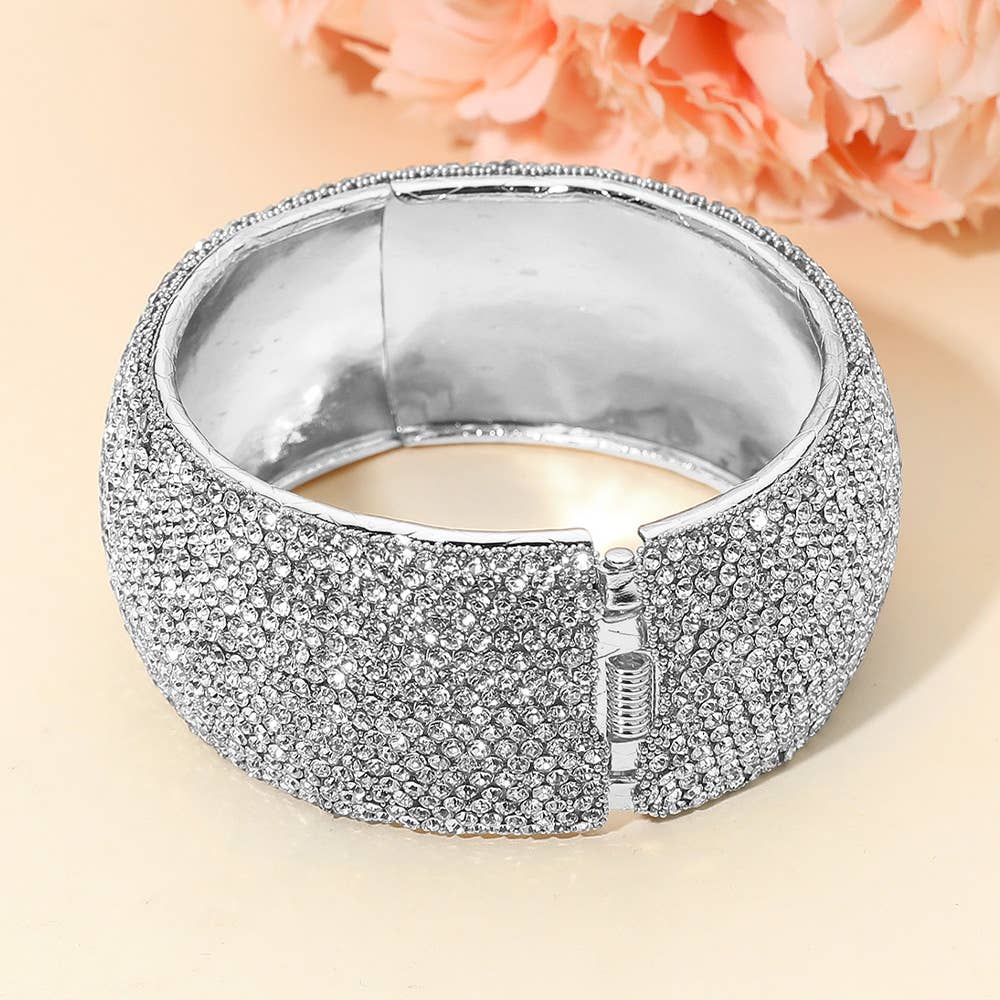 Wide Paved Hinged Evening Bangle Bracelet: Clear,Gold