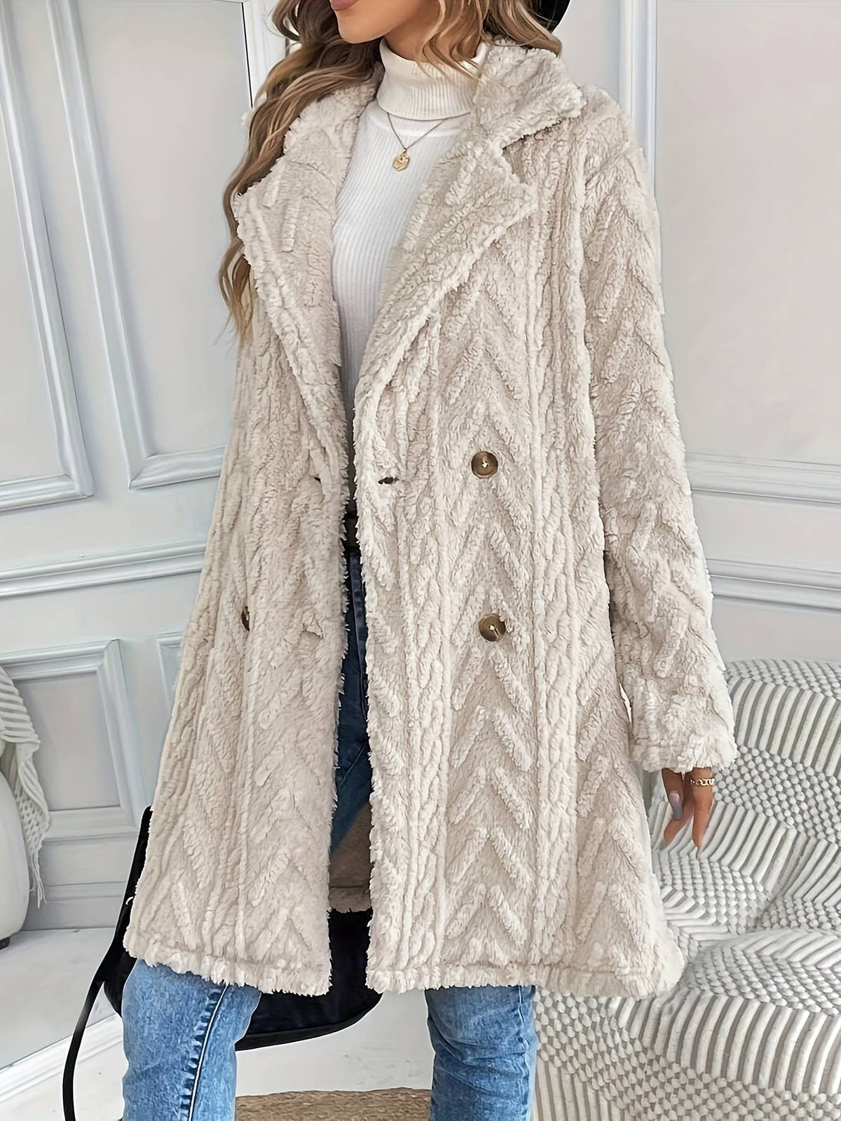Double-sided Plush Slip Pockets Casual Long Coat: Beige / L