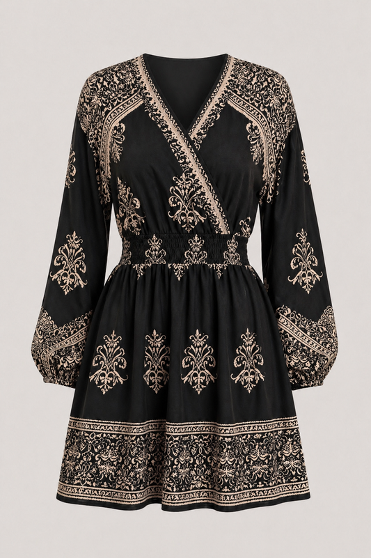 Teri Border Printed Challis Surplice Dress Black