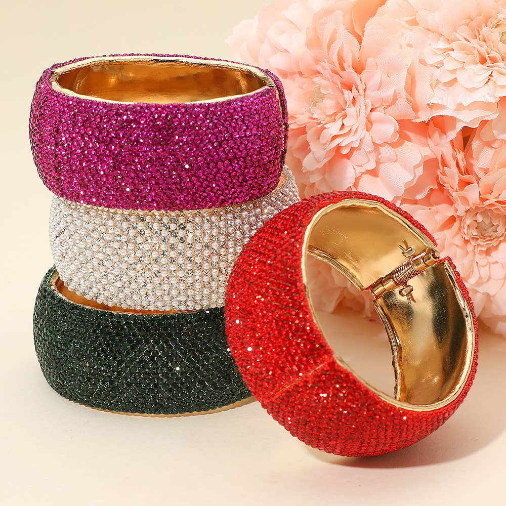 Wide Paved Hinged Evening Bangle Bracelet: Cream,Gold