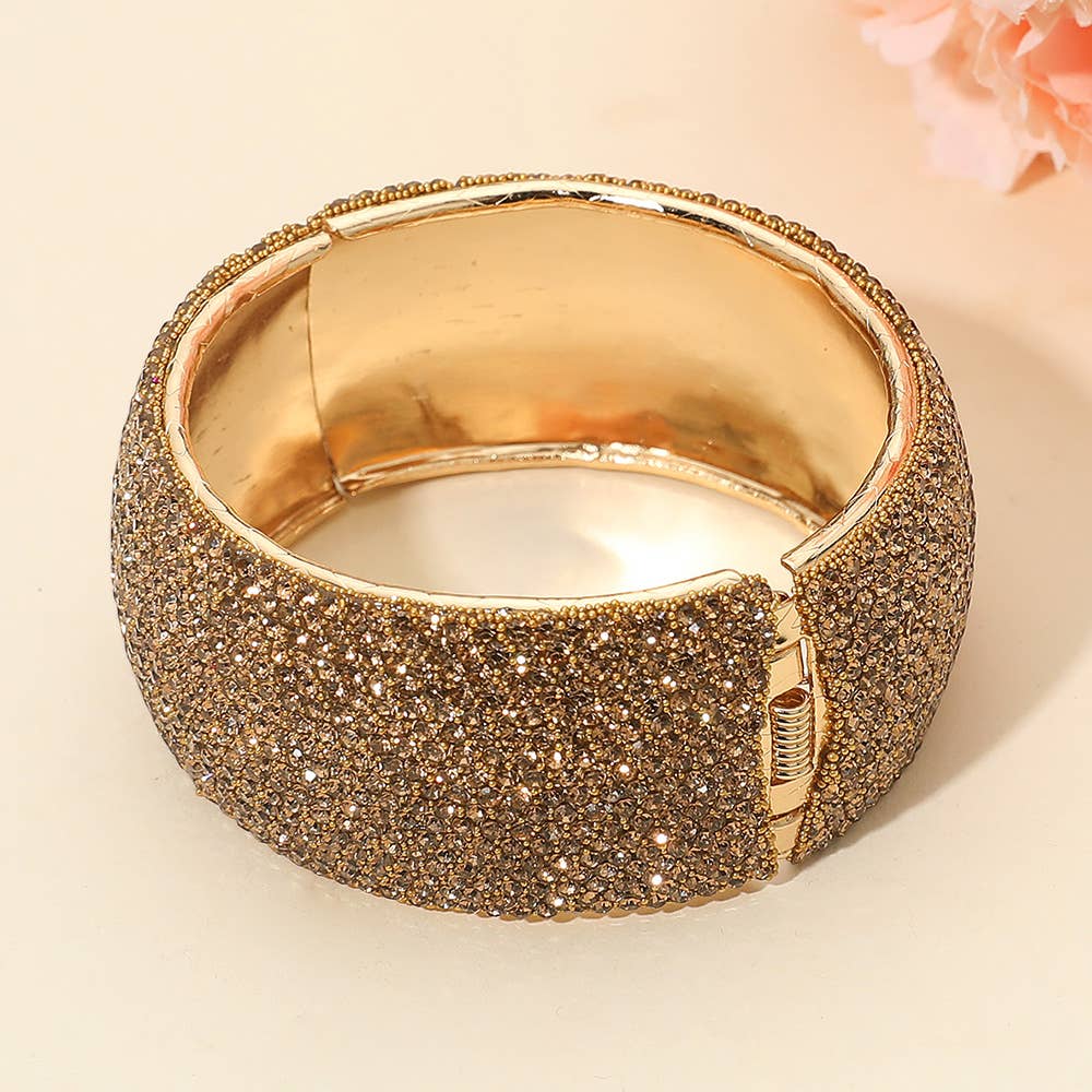Wide Paved Hinged Evening Bangle Bracelet: Clear,Gold