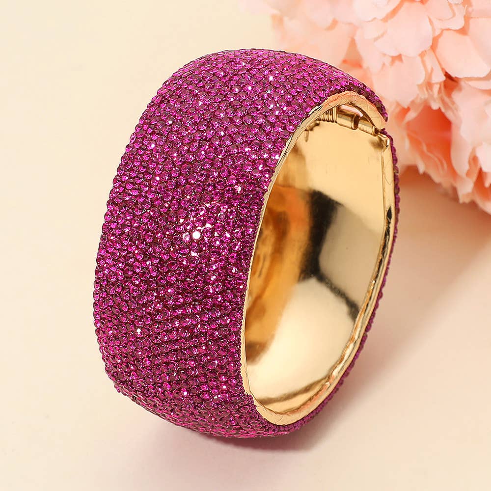 Wide Paved Hinged Evening Bangle Bracelet: Clear,Gold