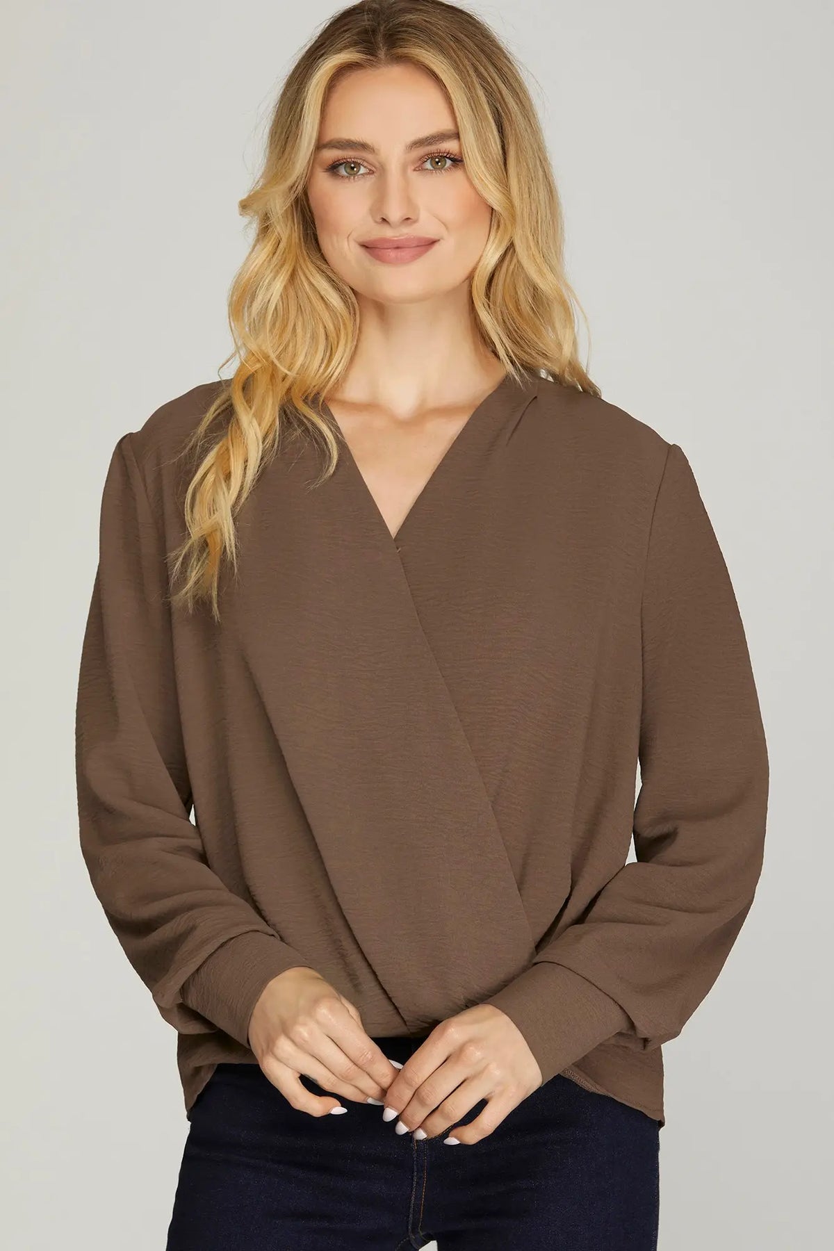 Madeline Long Sleeve Surplice Woven Top Mocha