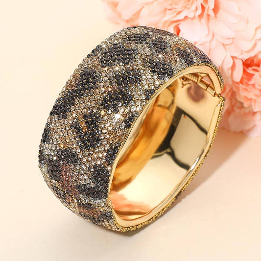 Wide Rhinestone Pearl Paved Hinged Evening Bangle Bracelet: Leopard