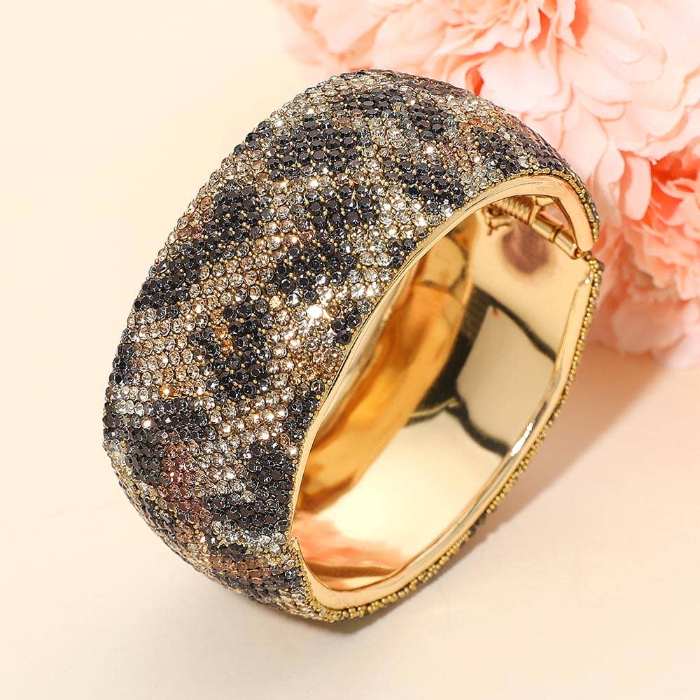 Wide Paved Hinged Evening Bangle Bracelet: Cream,Gold