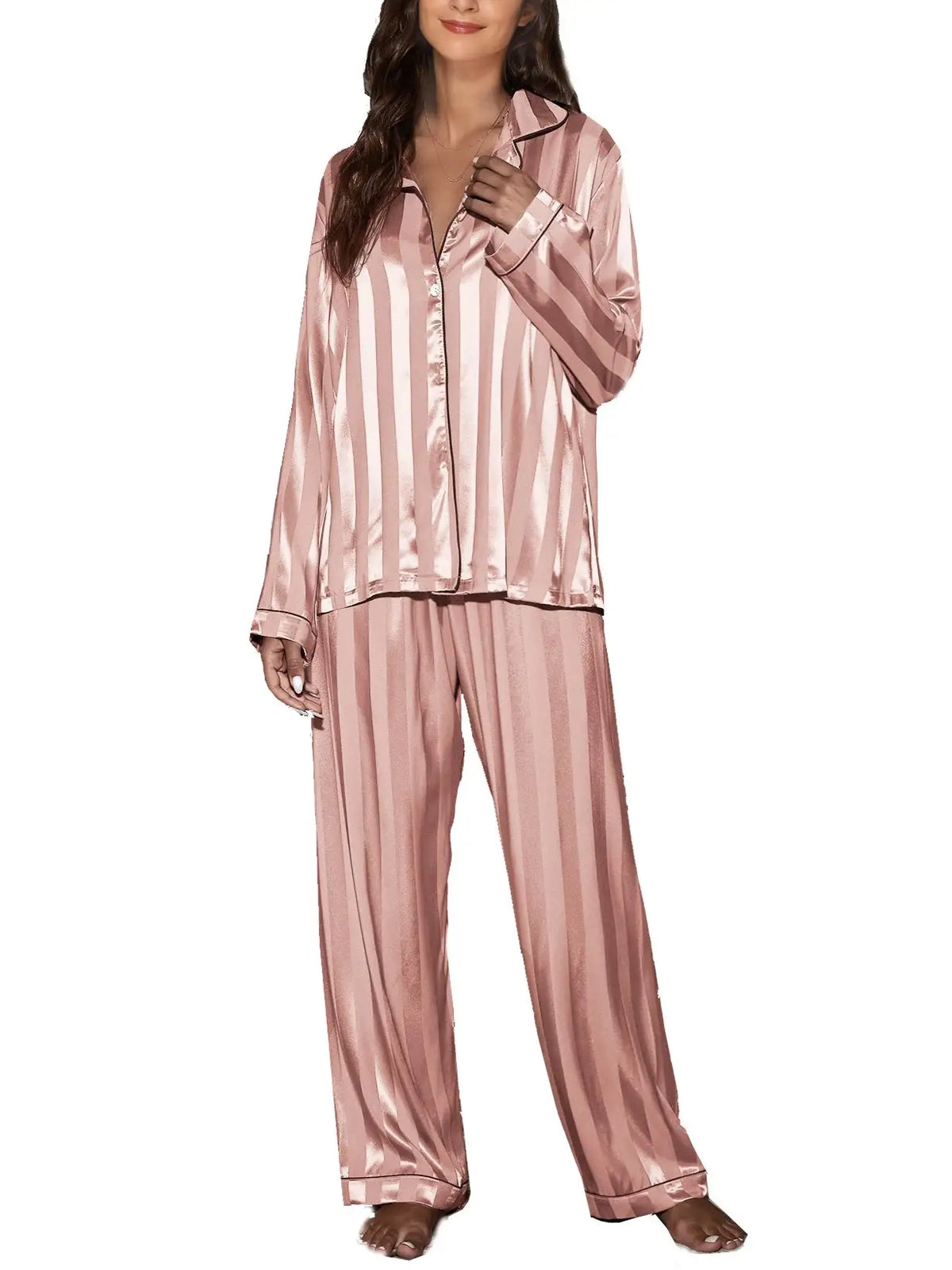 Monica Soft Satin Contrast Striped Long Sleeve Pajama Set Pink