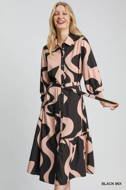 Kayla Button Down Midi Dress Black Mix