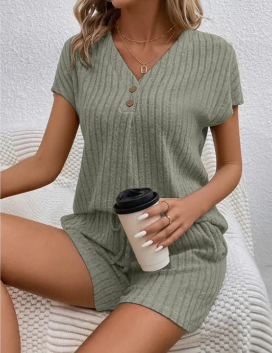 Ribbed V-Neck Top and Shorts Set Sage