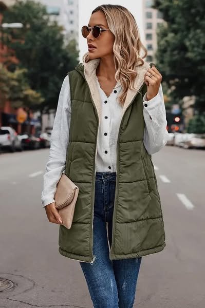 Sherpa Lined 3/4 length Puffer Vest Olive