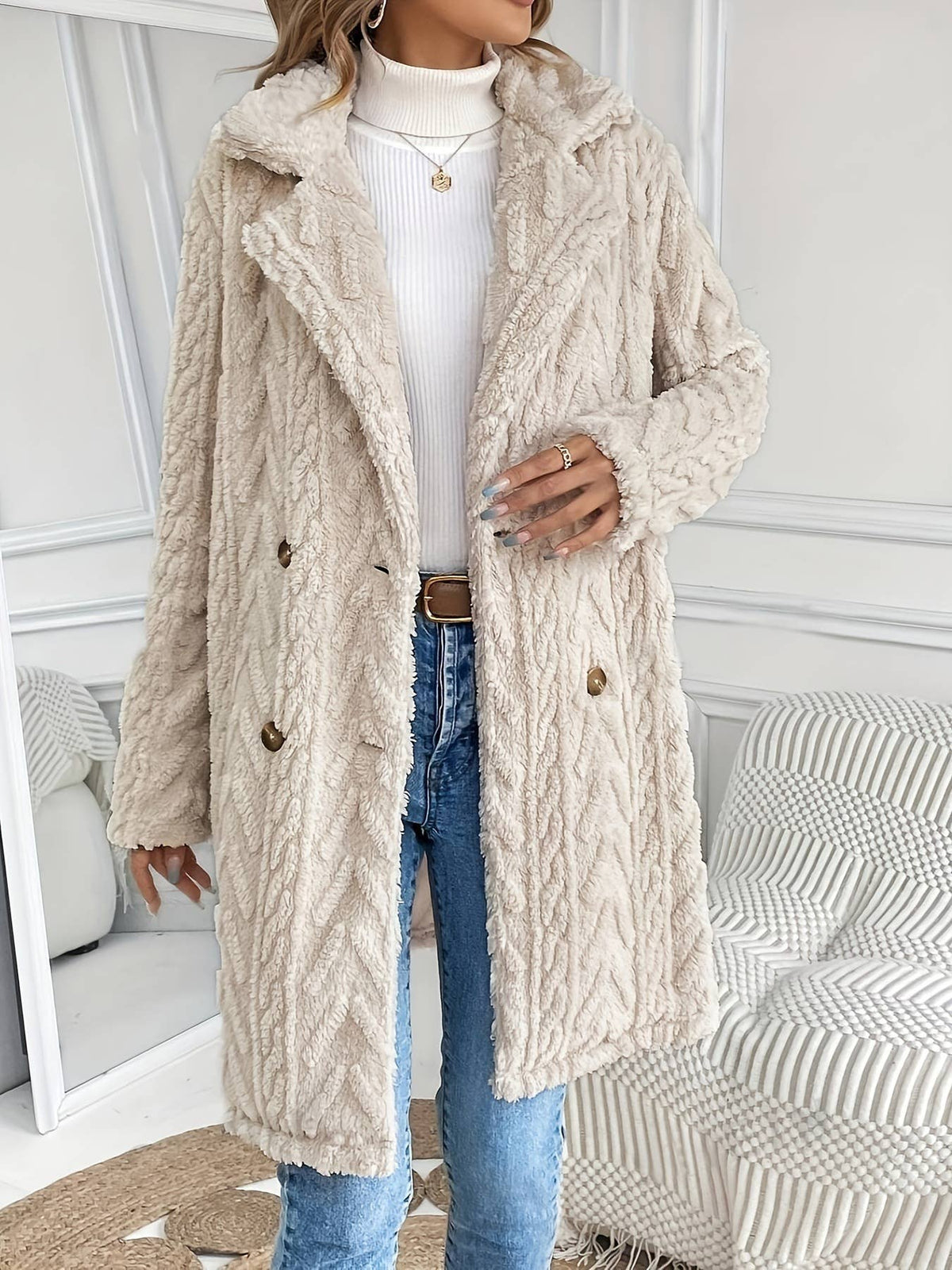 Double-sided Plush Slip Pockets Casual Long Coat: Beige / XL