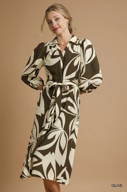 Brielle Two Tone Abstract Print Shirt Dress Olive