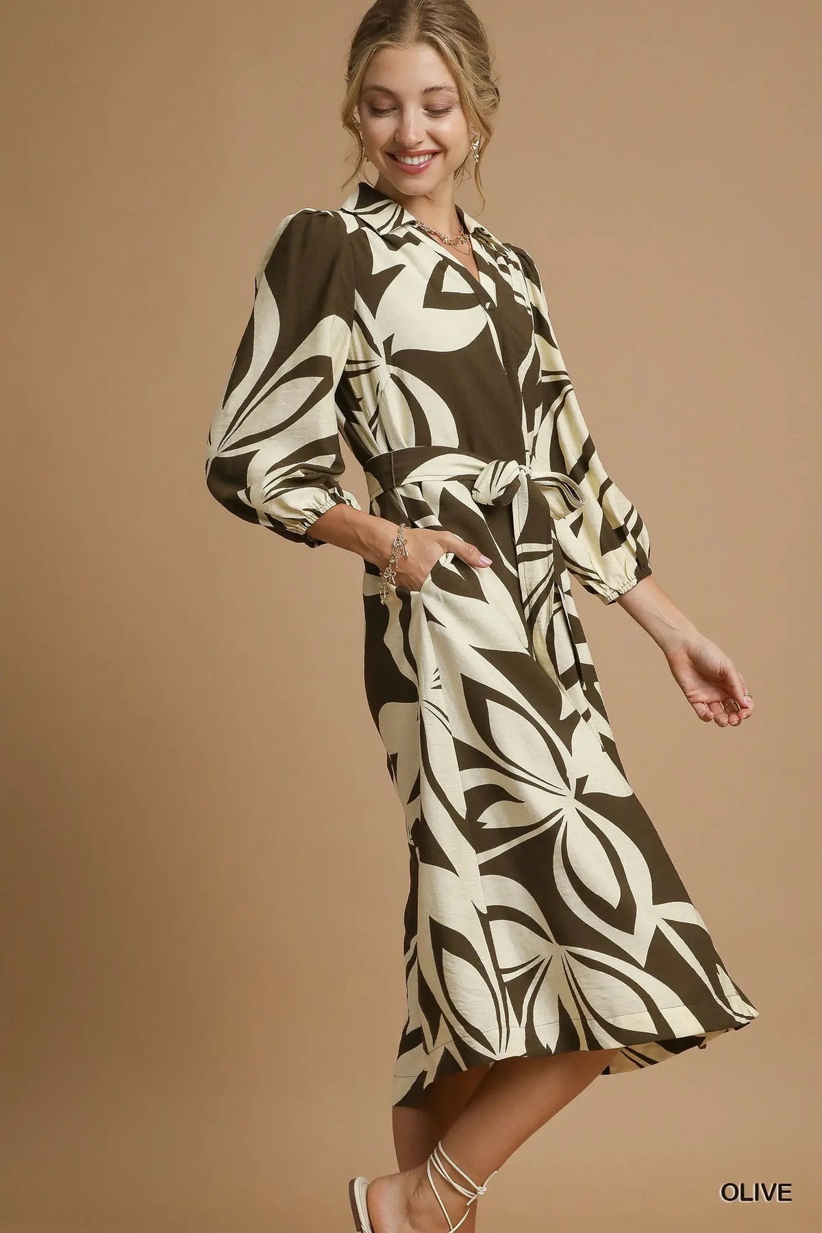 Brielle Two Tone Abstract Print Shirt Dress Olive
