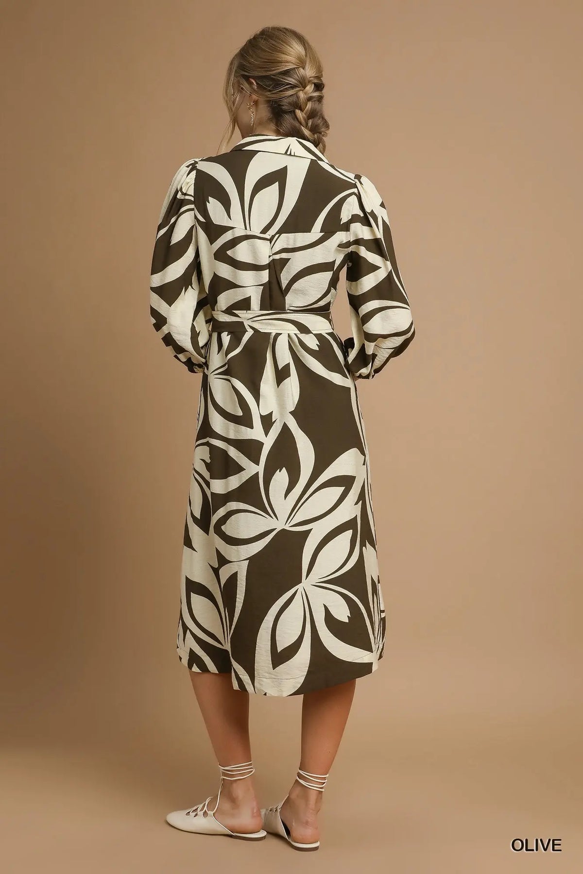 Brielle Two Tone Abstract Print Shirt Dress Olive