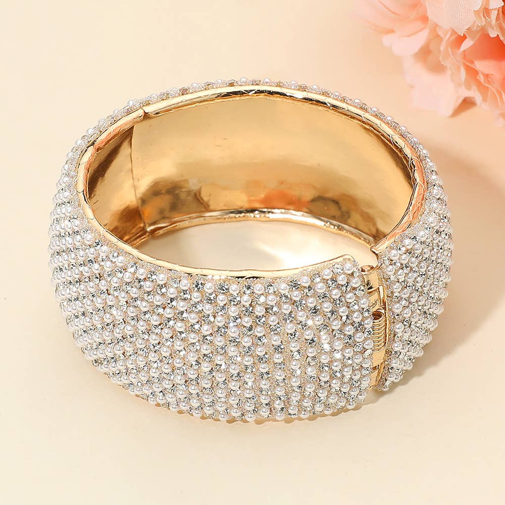 Wide Paved Hinged Evening Bangle Bracelet: Clear,Gold