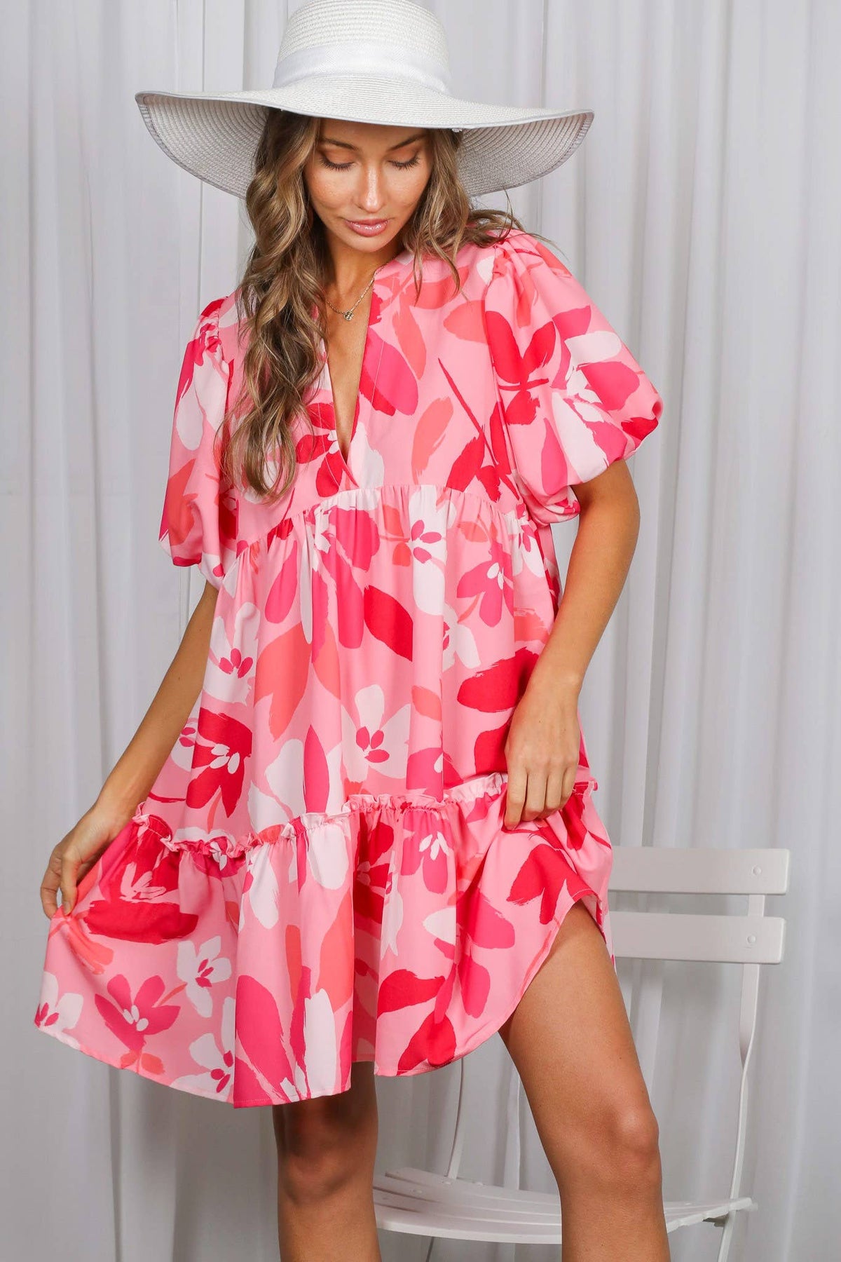 Clover Floral Print V-Neck Tired Baby Doll Mini Dress VD82057M: Mint