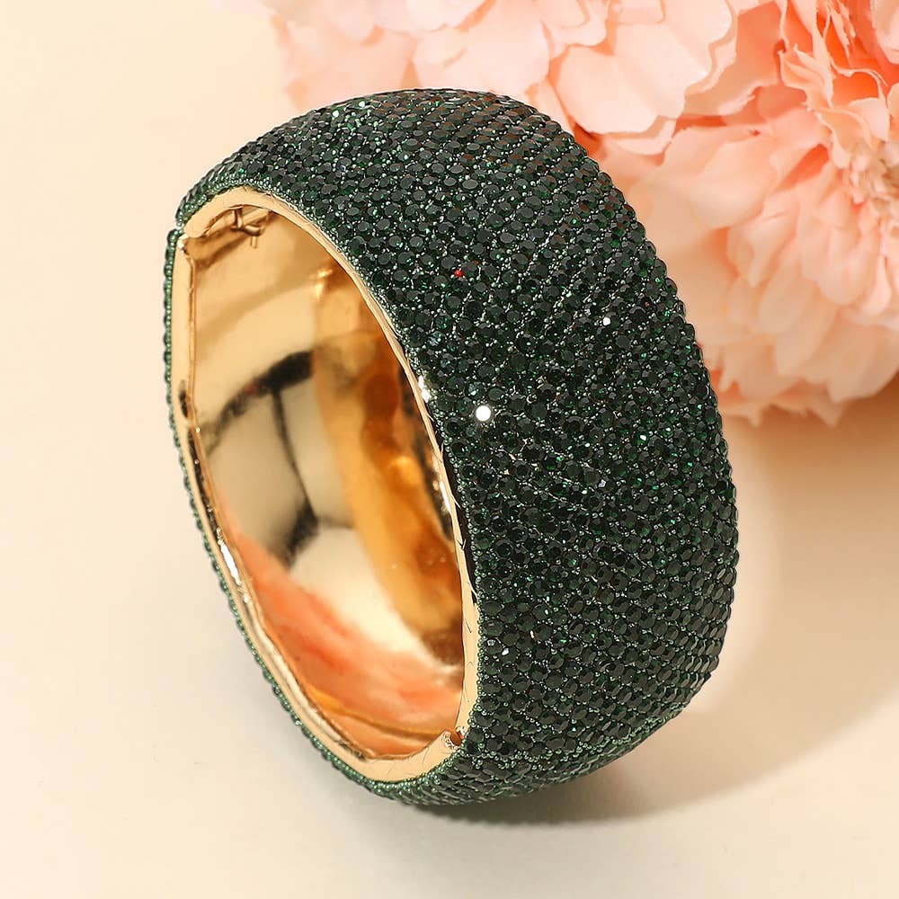 Wide Paved Hinged Evening Bangle Bracelet: Clear,Gold