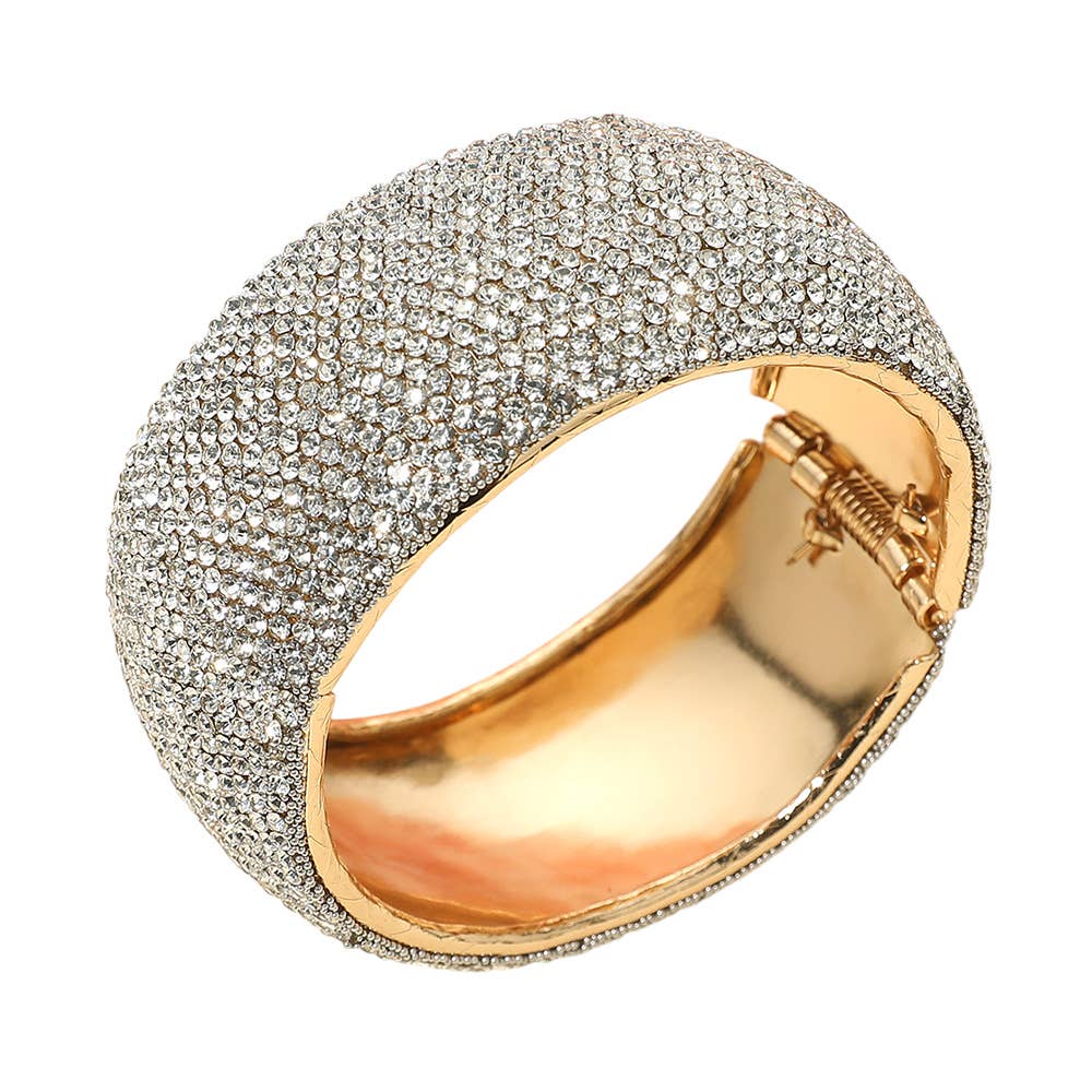 Wide Paved Hinged Evening Bangle Bracelet: Clear,Gold