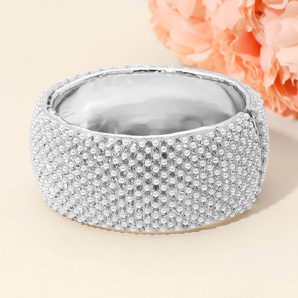 Wide Rhinestone Pearl Paved Hinged Evening Bangle Bracelet: Leopard