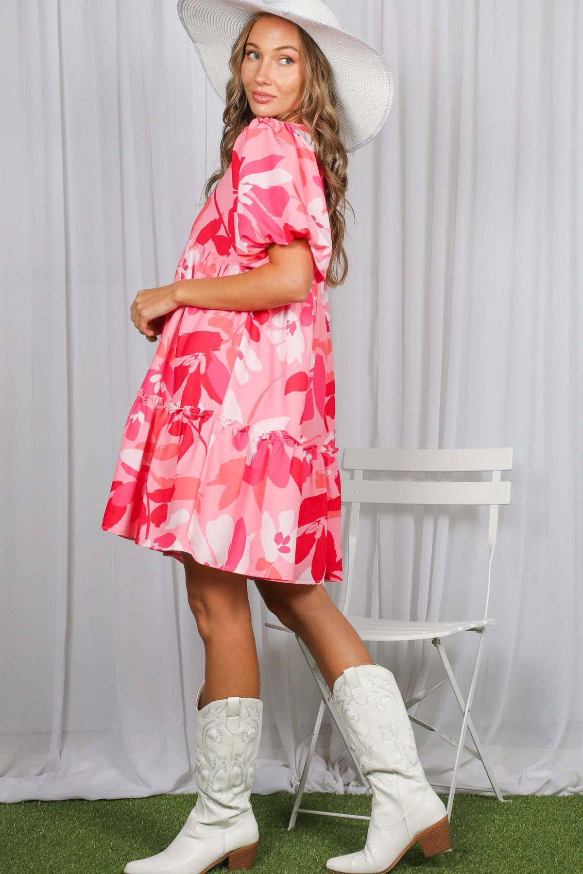 Clover Floral Print V-Neck Tired Baby Doll Mini Dress VD82057M: Mint