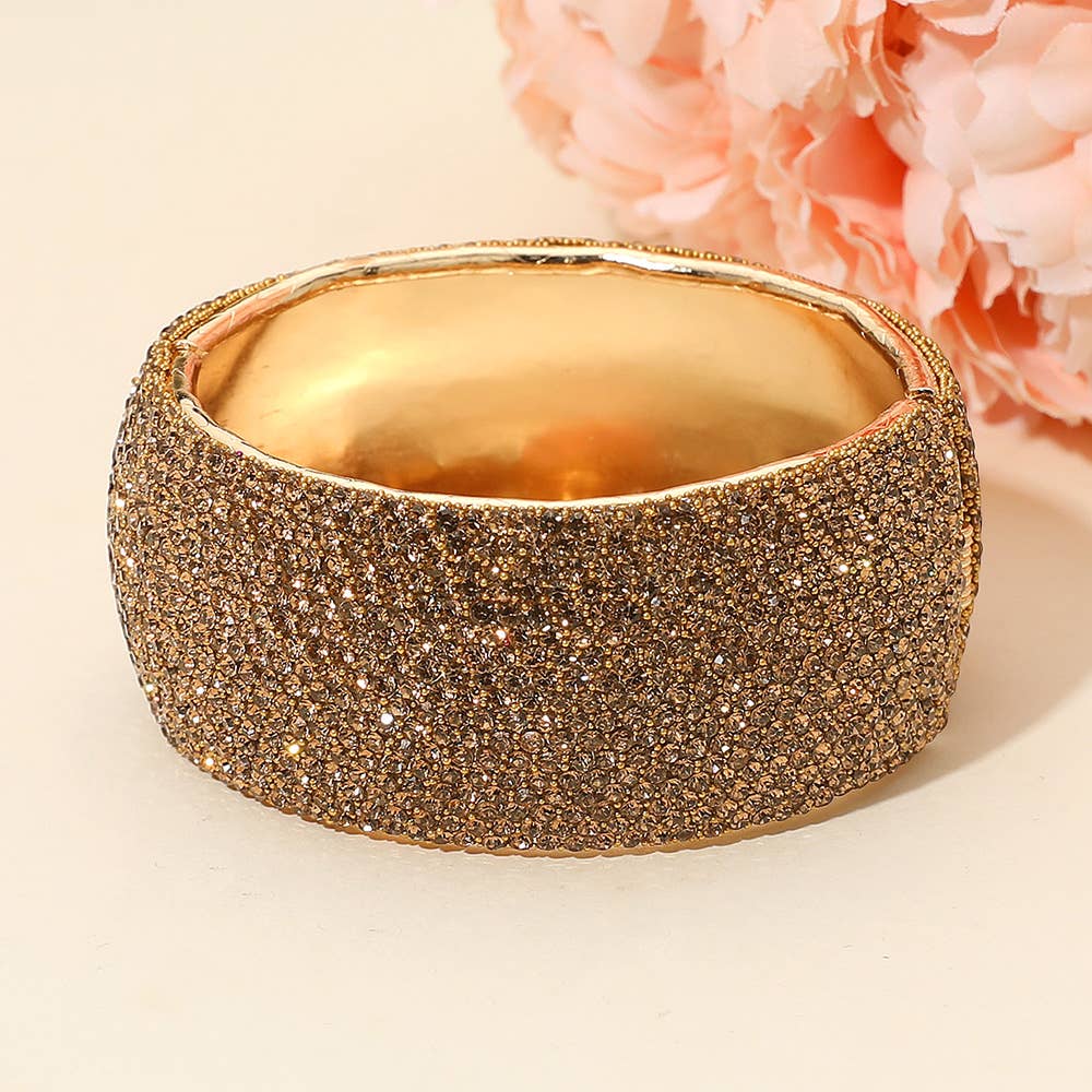 Wide Rhinestone Pearl Paved Hinged Evening Bangle Bracelet: Leopard