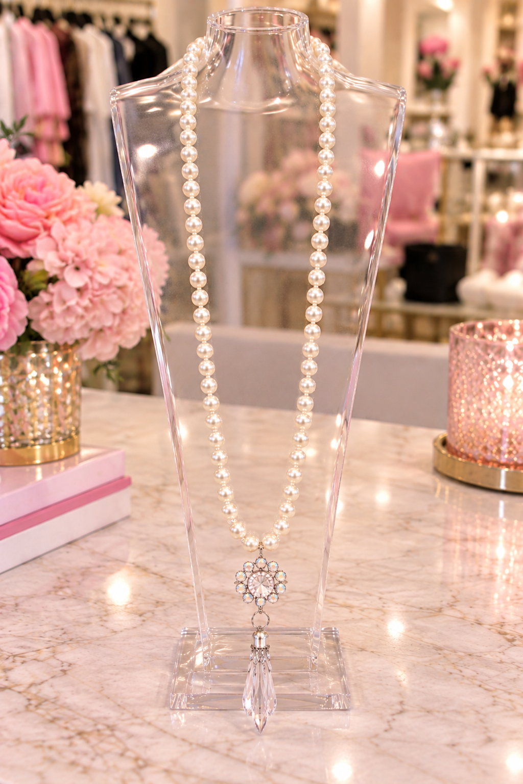 N124 Crystal Pendant on 36" Pearl Strand