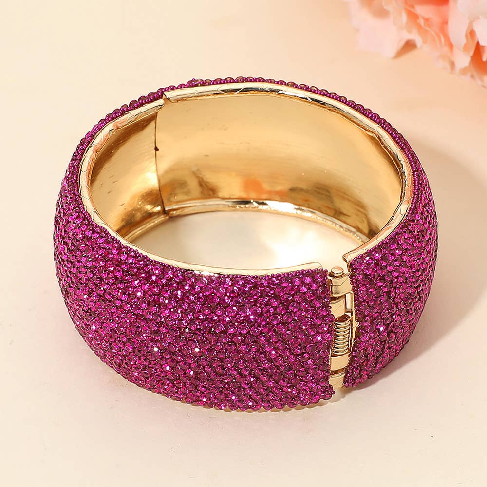 Wide Paved Hinged Evening Bangle Bracelet: Cream,Gold